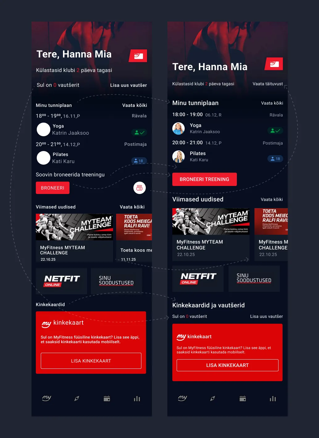 MyFitness original design compared to final redesign